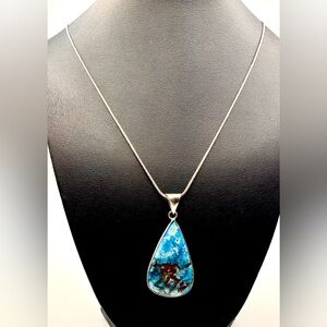Elegant Blue Shattuckite Chrysocolla 925 Pendant & Silver-plate Necklace NWOT